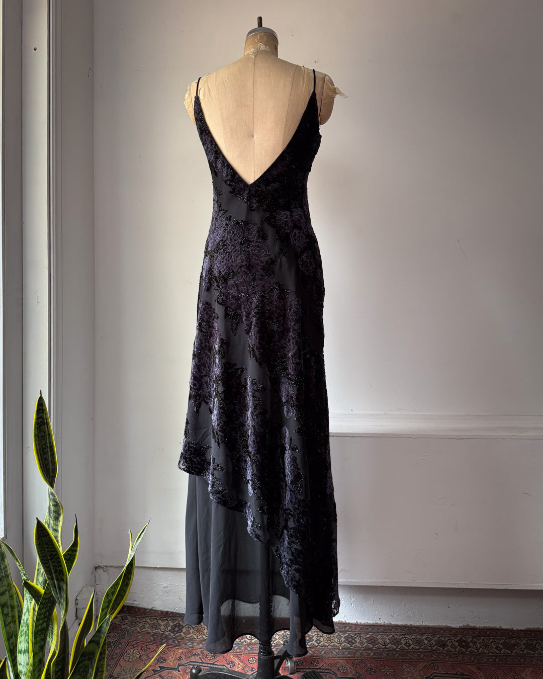 00s Floral Flocked Glitter Velvet Black Maxi Dress Gown / S