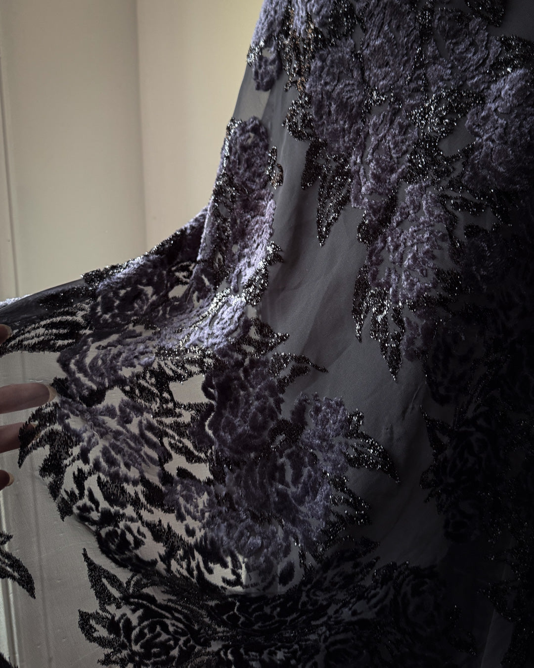 00s Floral Flocked Glitter Velvet Black Maxi Dress Gown / S
