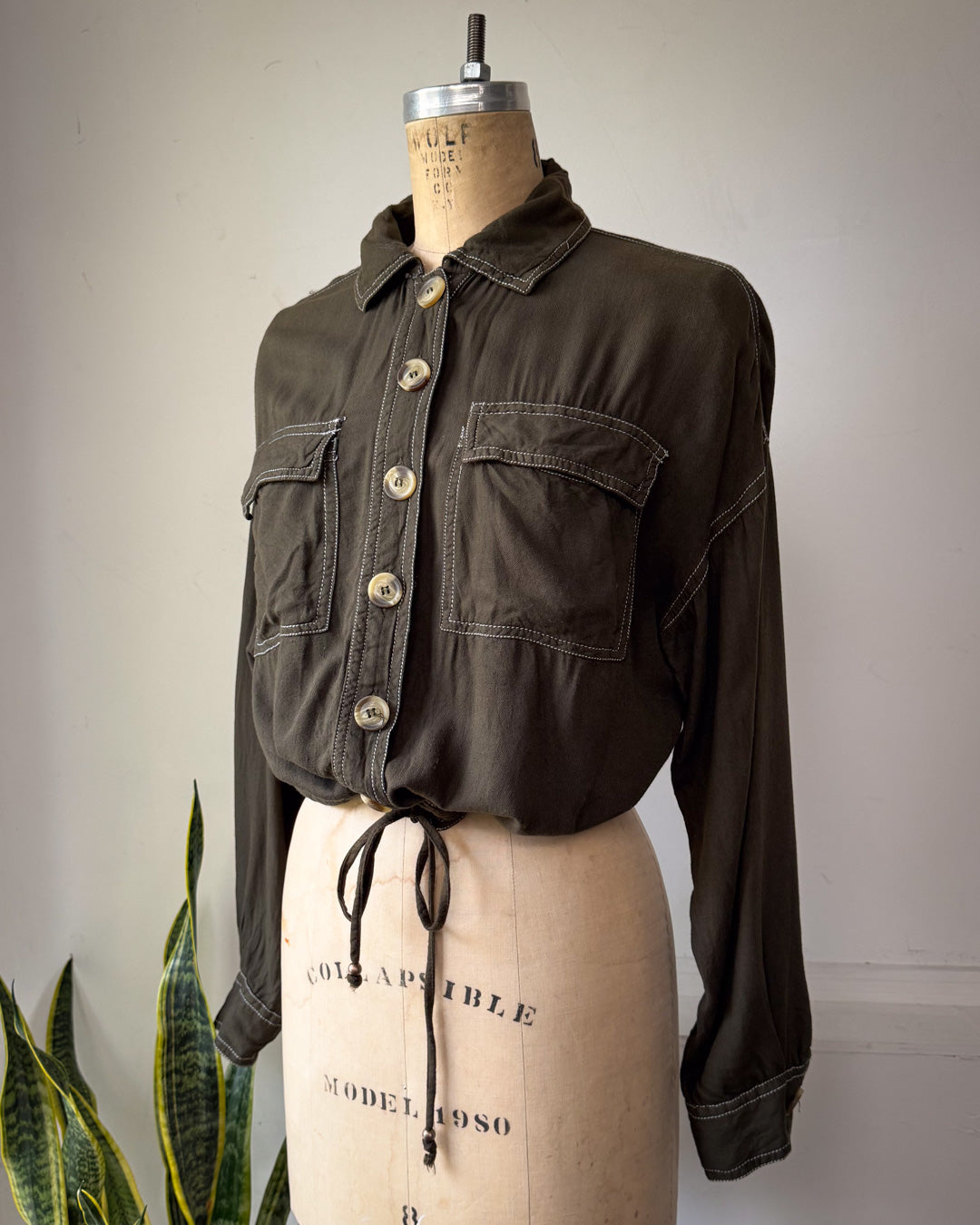 90s Olive Green Soft Rayon Drawstring Waist Shirt Jacket / S