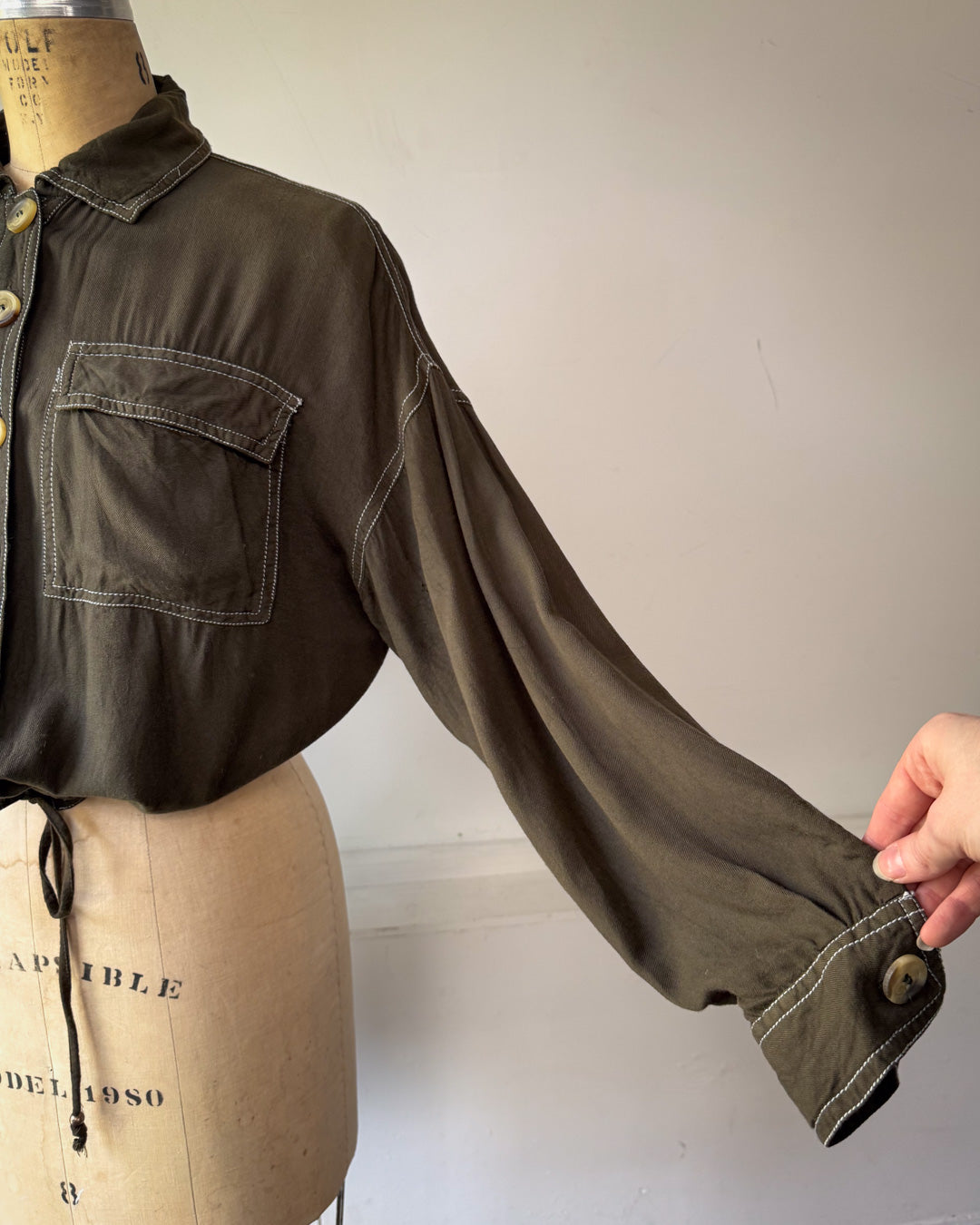 90s Olive Green Soft Rayon Drawstring Waist Shirt Jacket / S