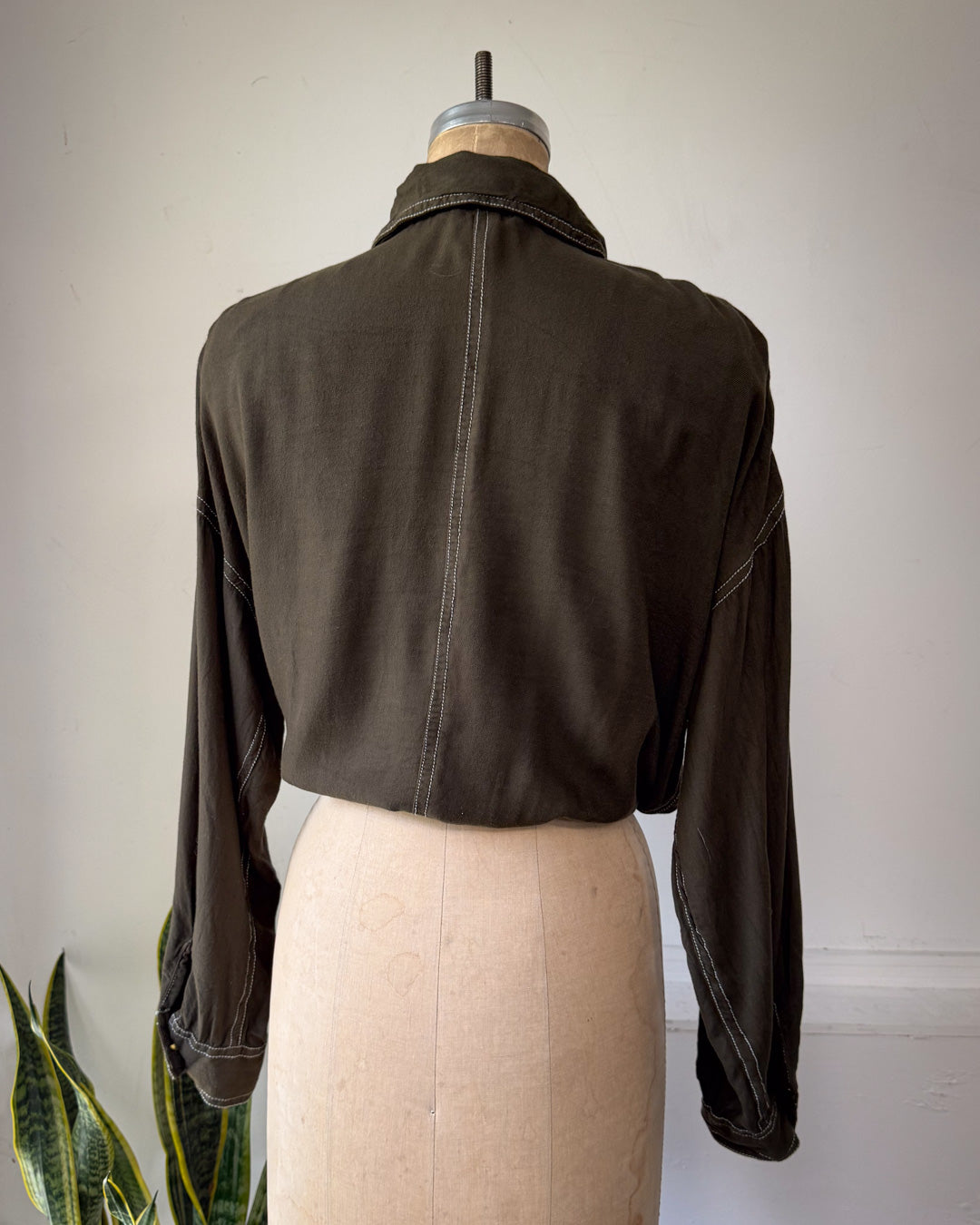 90s Olive Green Soft Rayon Drawstring Waist Shirt Jacket / S