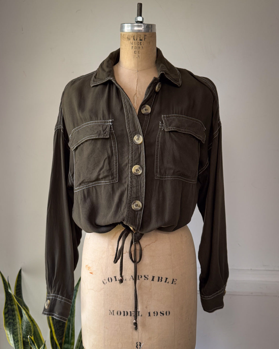 90s Olive Green Soft Rayon Drawstring Waist Shirt Jacket / S