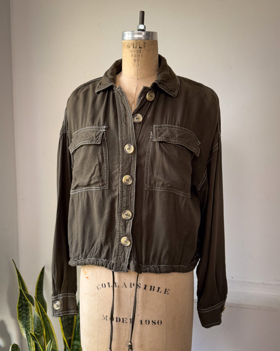 90s Olive Green Soft Rayon Drawstring Waist Shirt Jacket / S