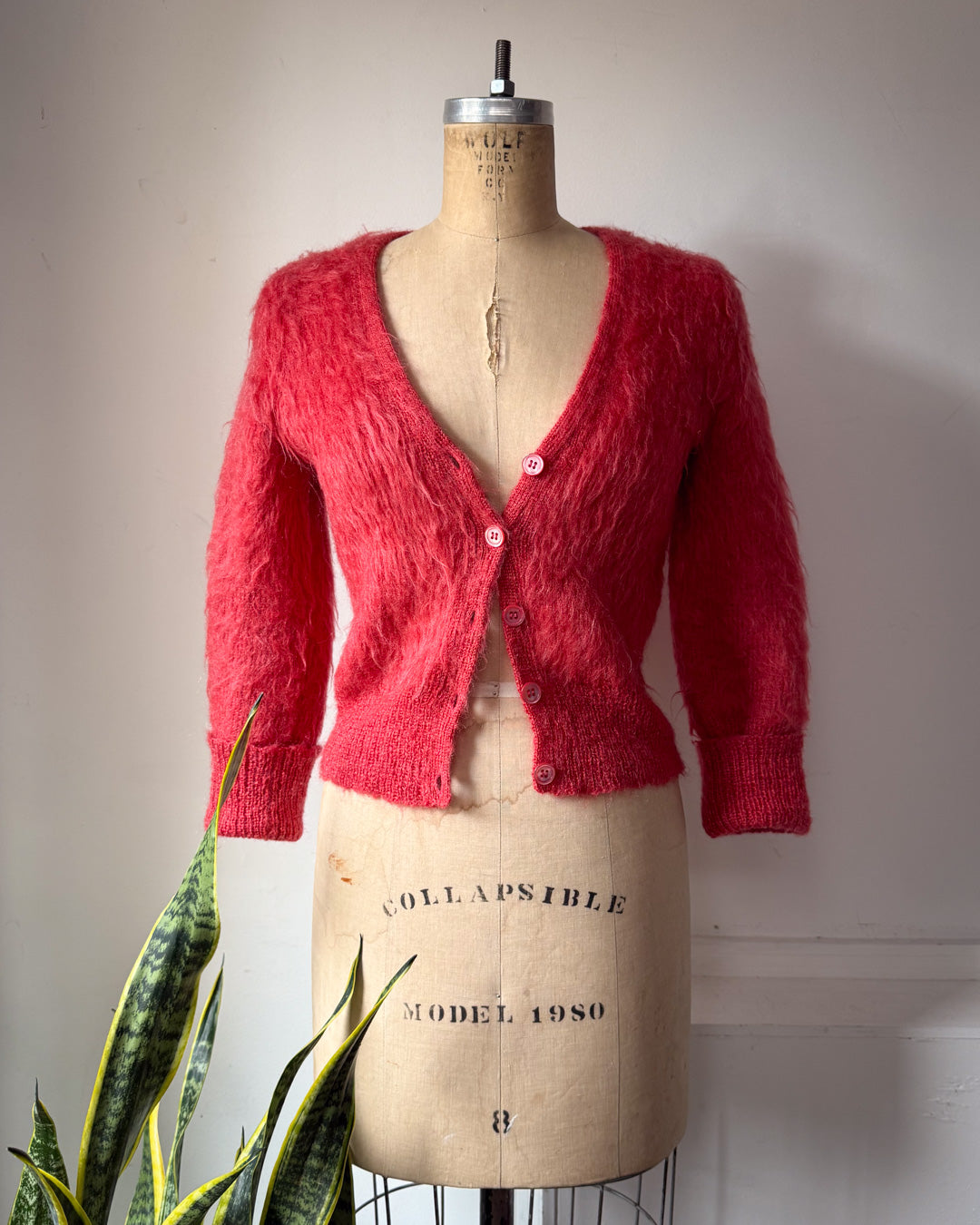 90s Watermelon Red Shaggy Mohair Knit Cardigan / S