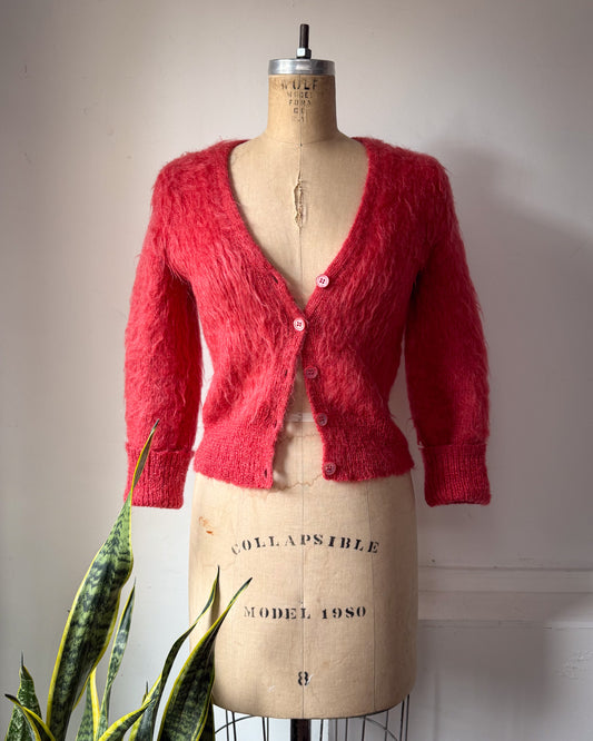 90s Watermelon Red Shaggy Mohair Knit Cardigan / S