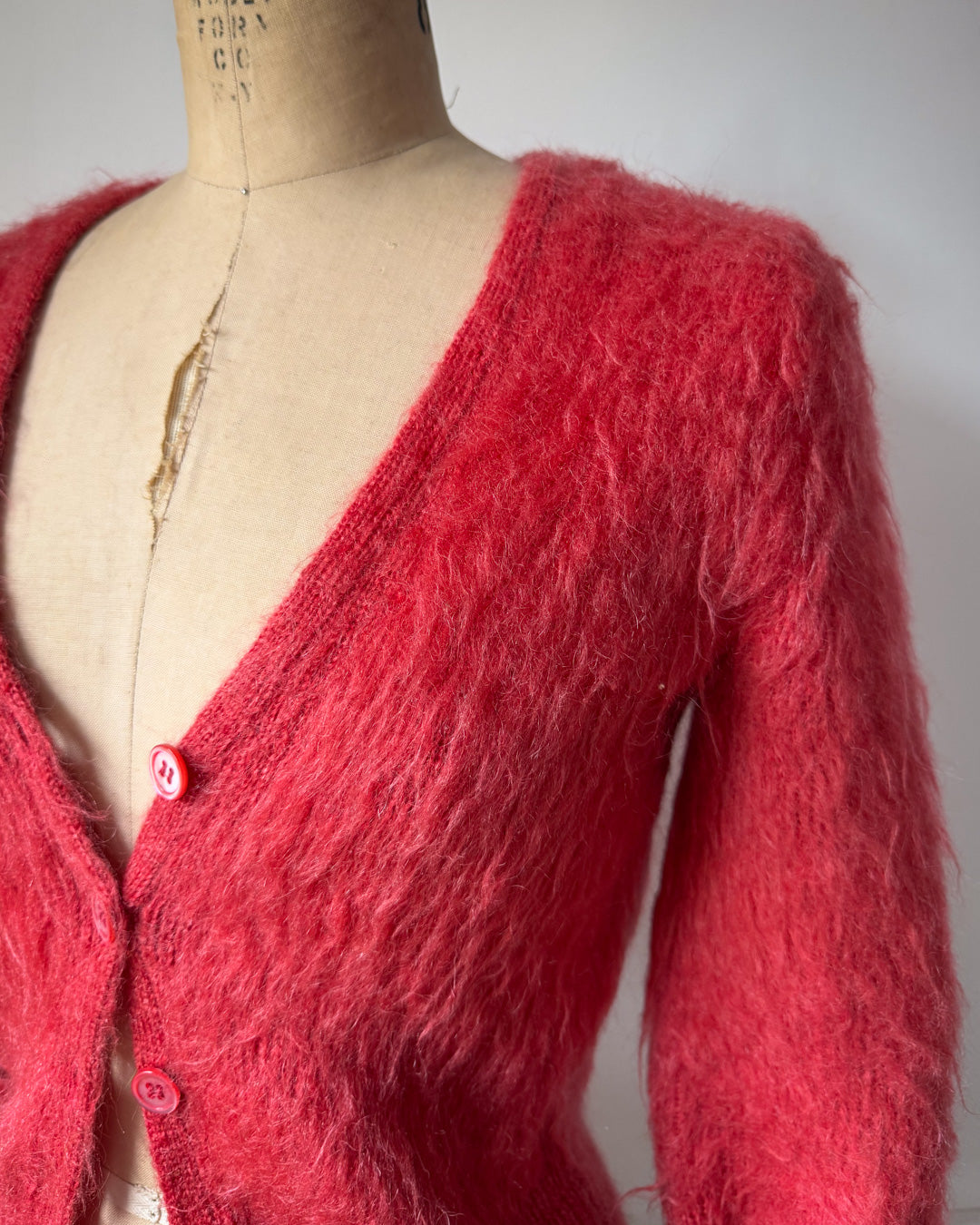 90s Watermelon Red Shaggy Mohair Knit Cardigan / S