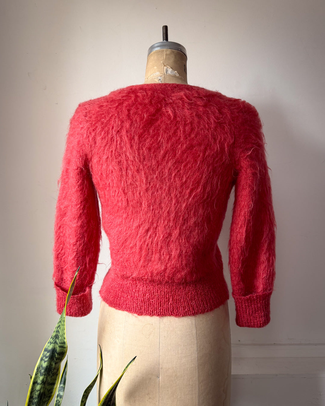 90s Watermelon Red Shaggy Mohair Knit Cardigan / S