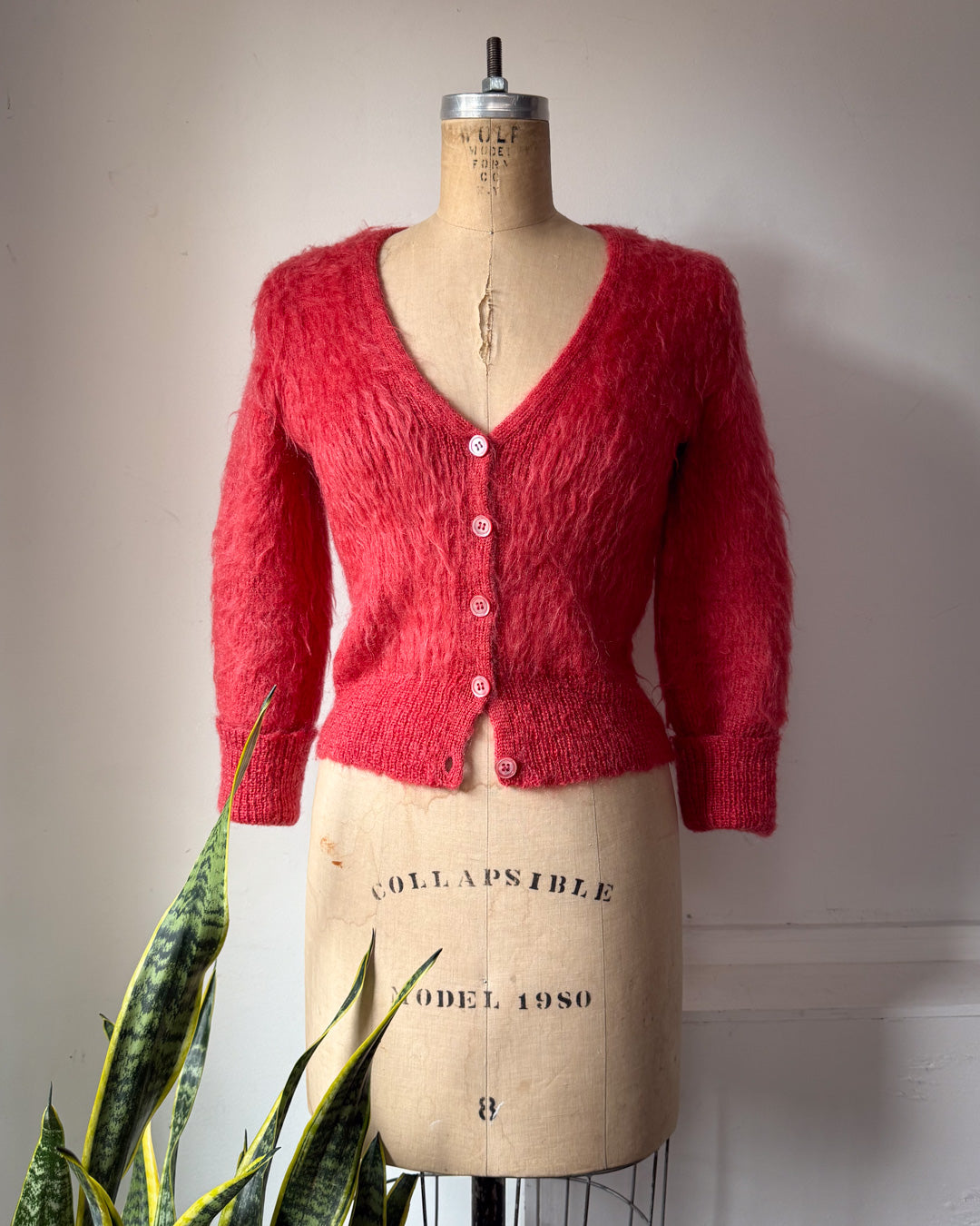 90s Watermelon Red Shaggy Mohair Knit Cardigan / S
