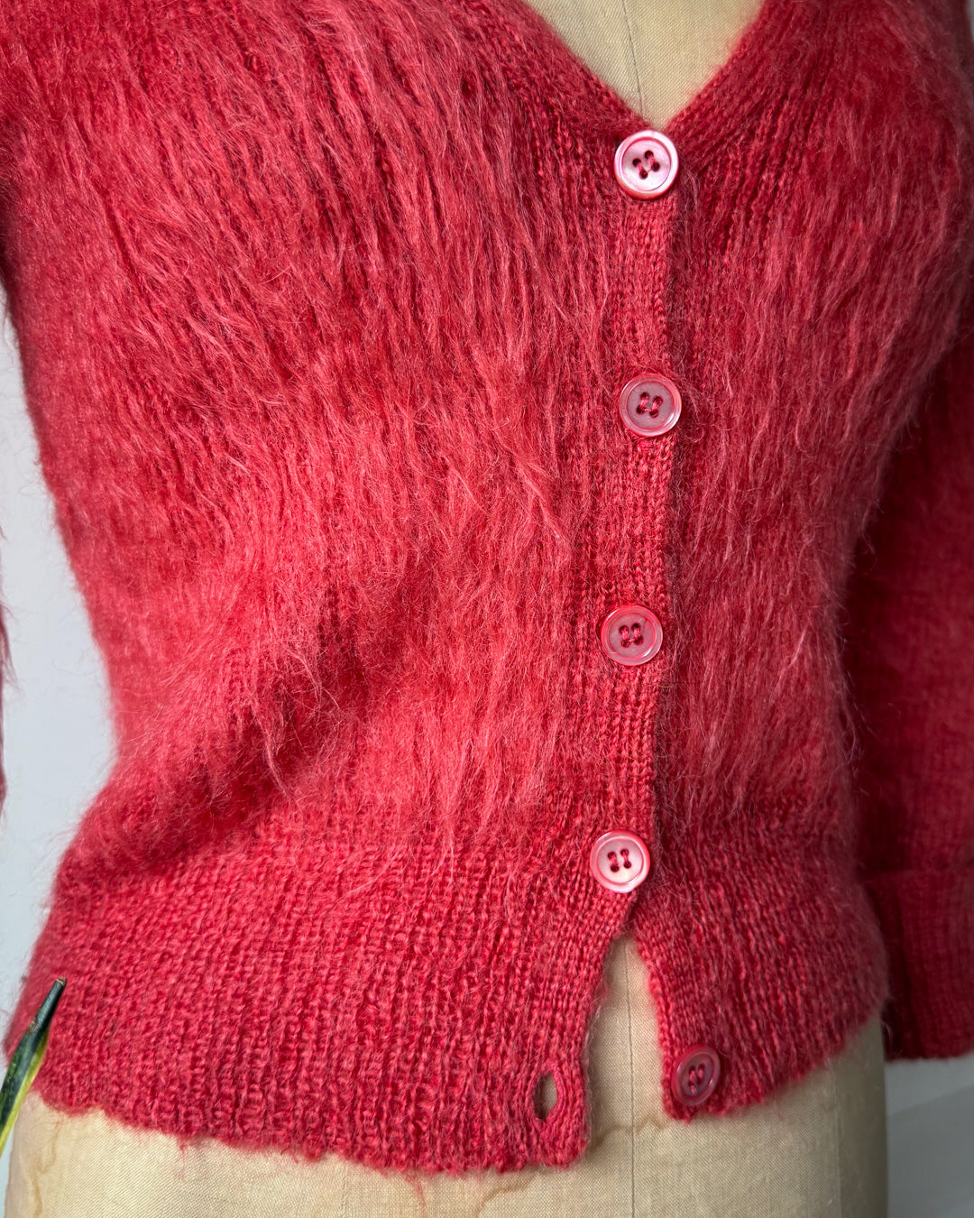 90s Watermelon Red Shaggy Mohair Knit Cardigan / S