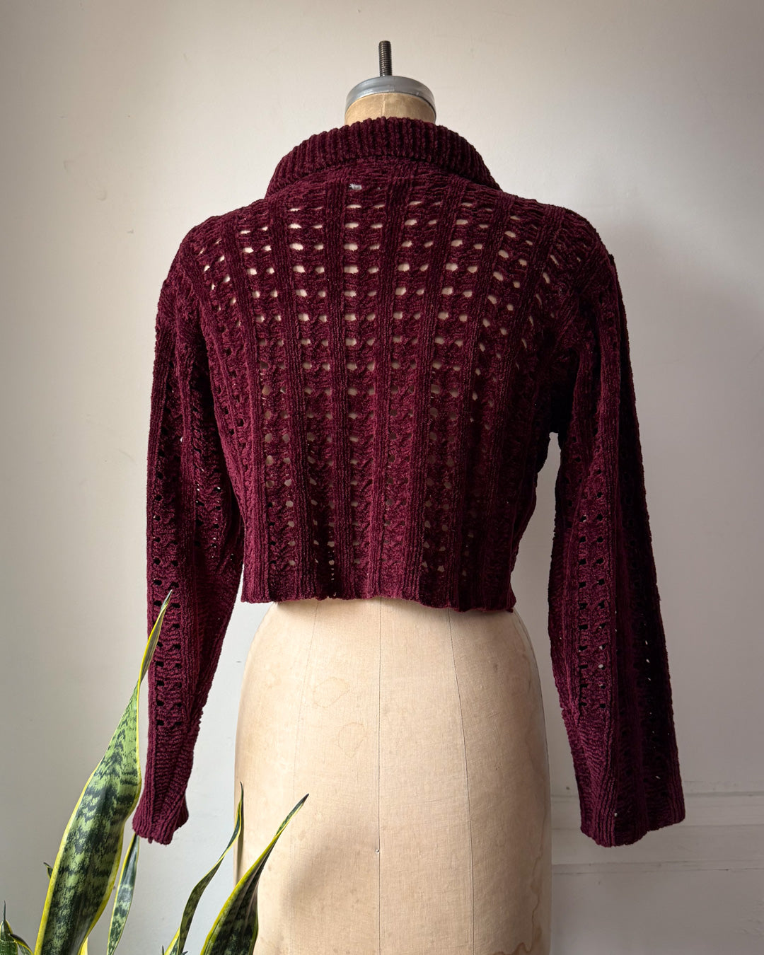 90s Wine Red Velvet Chenille Open Knit Crop Cardigan Sweater / M-L