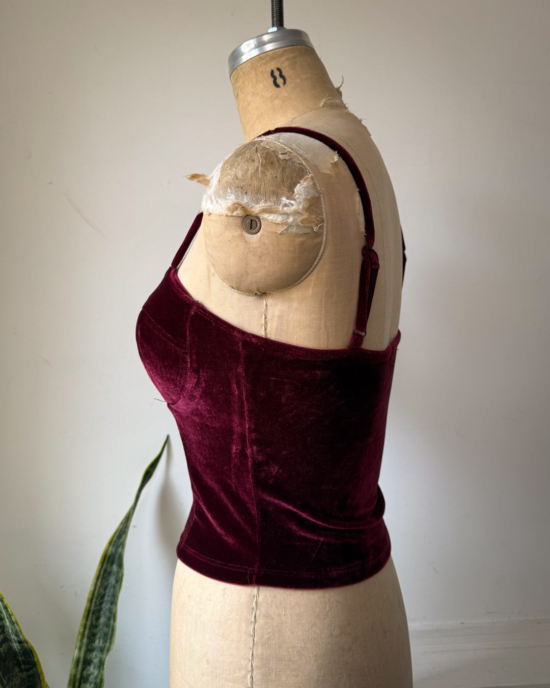 Y2K Burgundy Stretch Velvet Corset Bustier Crop Top / S