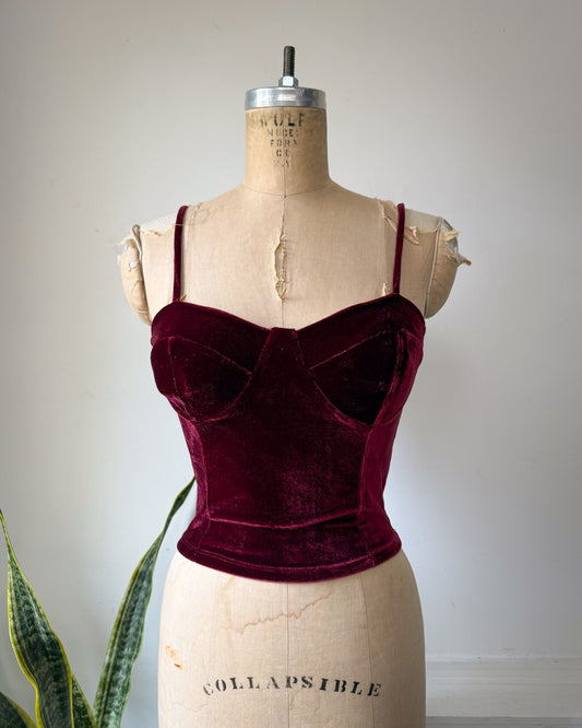 Y2K Burgundy Stretch Velvet Corset Bustier Crop Top / S