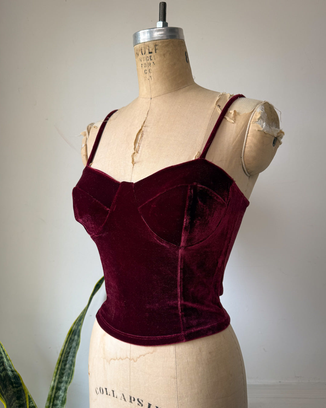 Y2K Burgundy Stretch Velvet Corset Bustier Crop Top / S