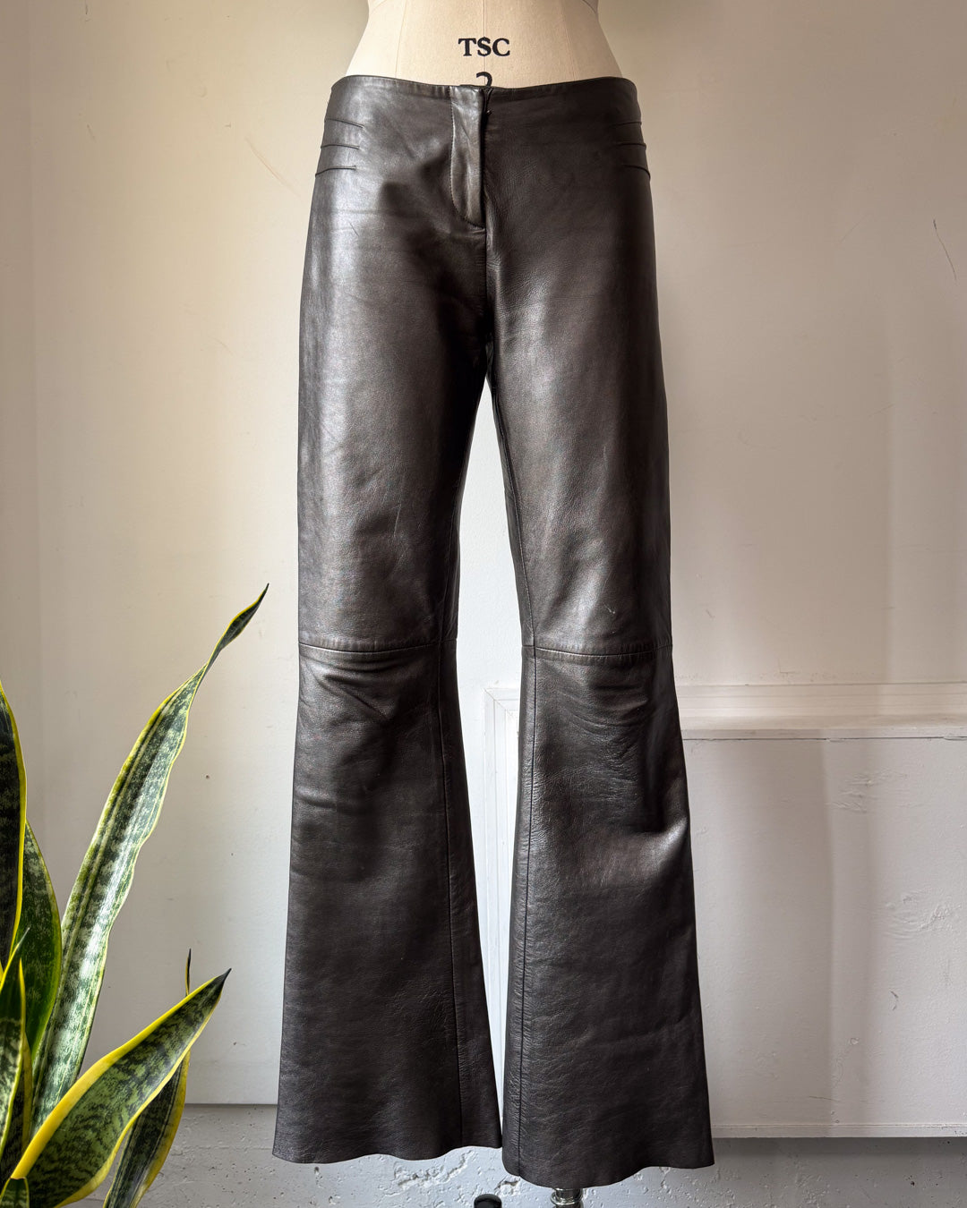 Y2K Gunmetal Silver Metallic Lambskin Leather Low Rise Bootcut Pants / XS