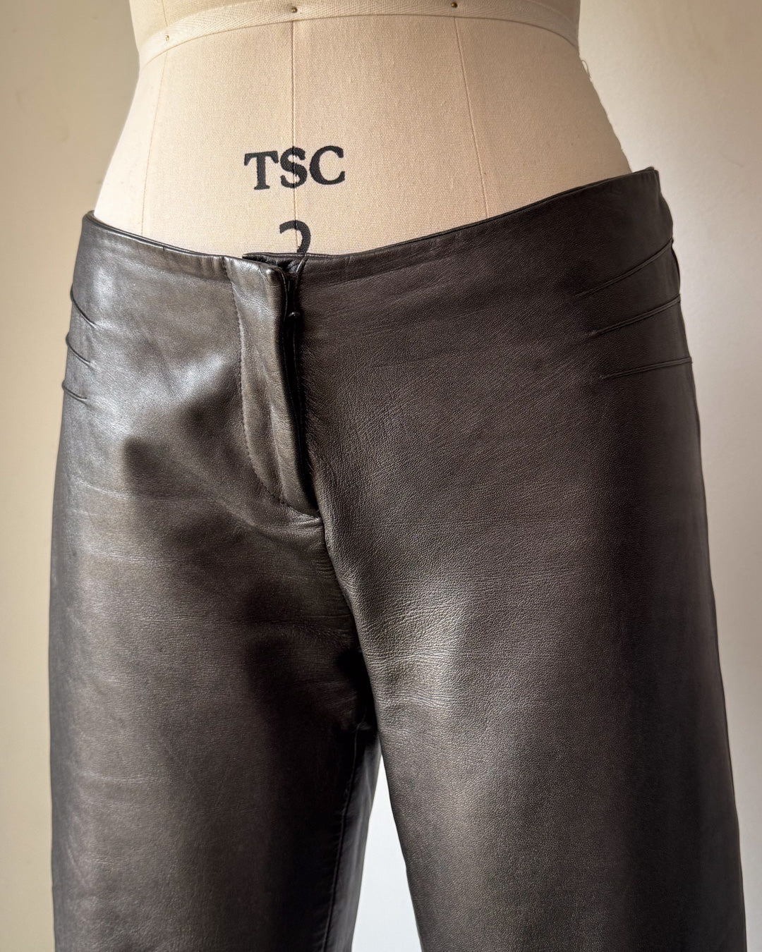 Y2K Gunmetal Silver Metallic Lambskin Leather Low Rise Bootcut Pants / XS