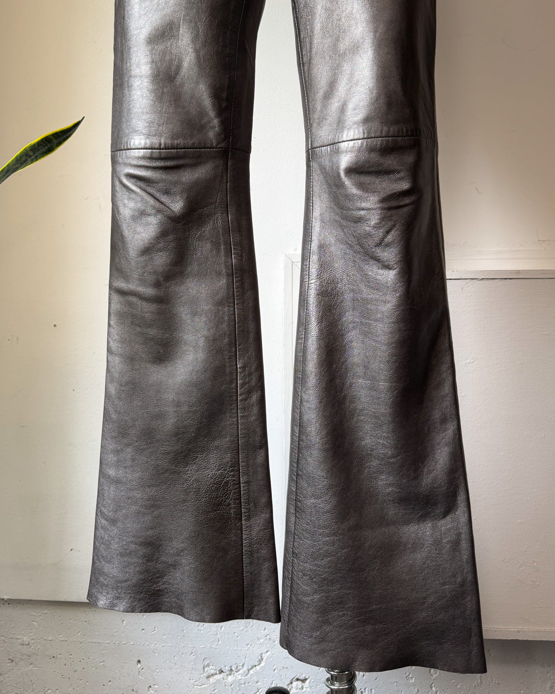 Y2K Gunmetal Silver Metallic Lambskin Leather Low Rise Bootcut Pants / XS