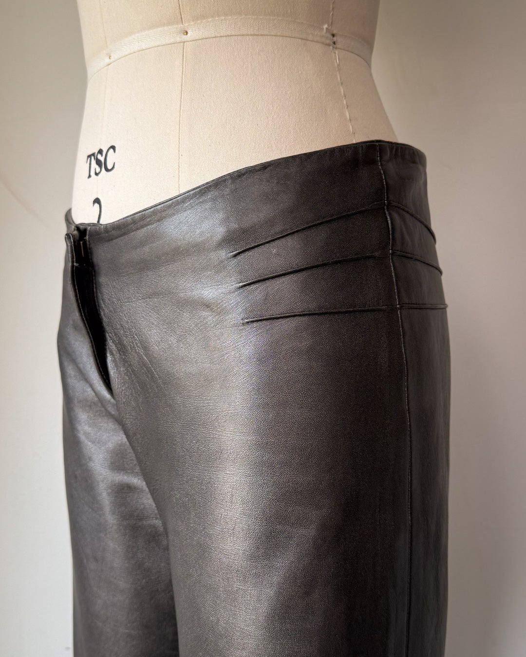 Y2K Gunmetal Silver Metallic Lambskin Leather Low Rise Bootcut Pants / XS