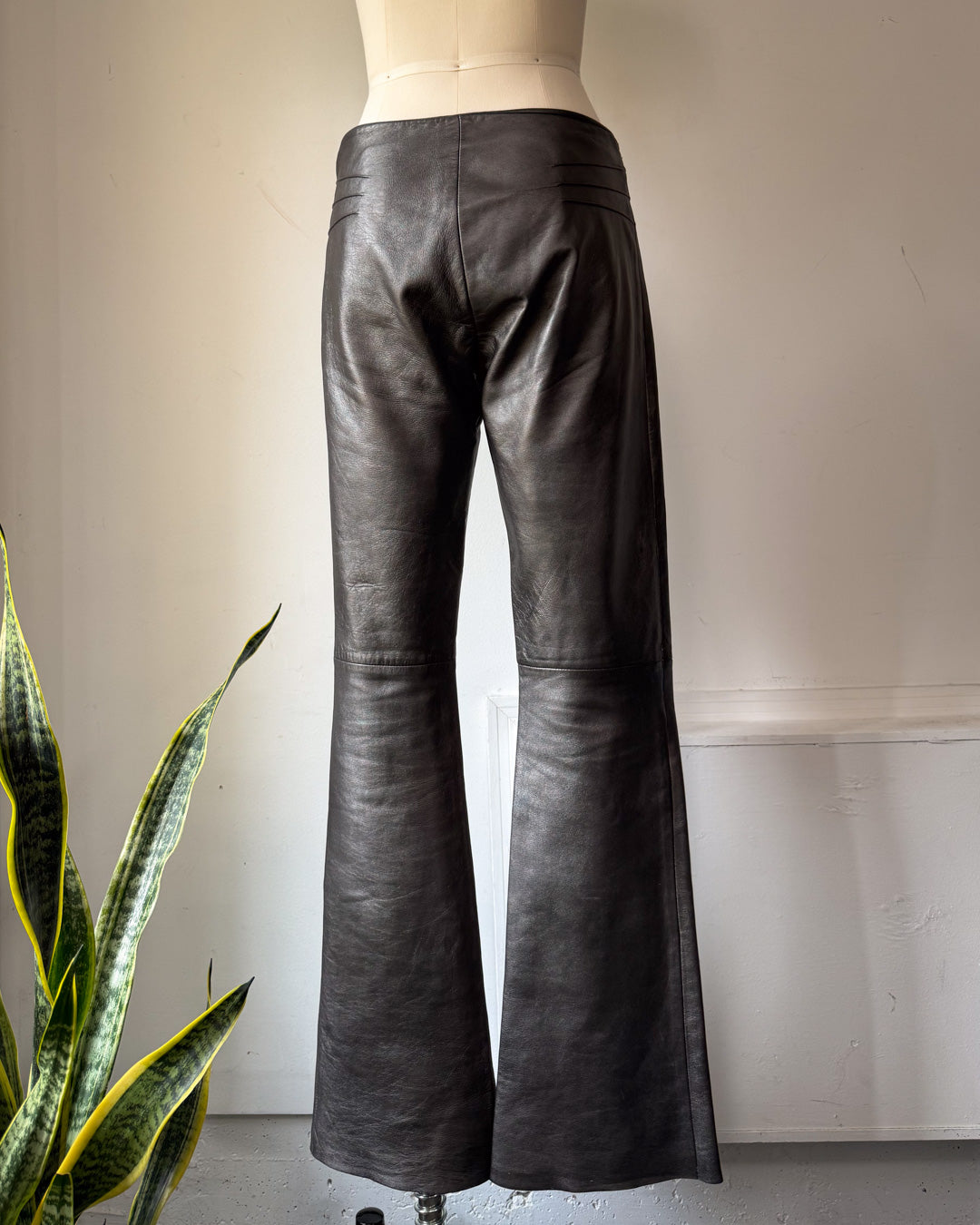 Y2K Gunmetal Silver Metallic Lambskin Leather Low Rise Bootcut Pants / XS
