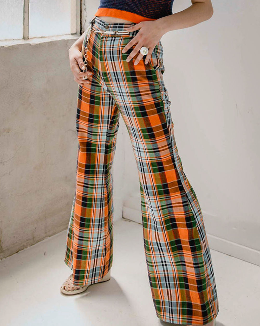 70s Orange Plaid High Waist Bell Bottom Pants / M