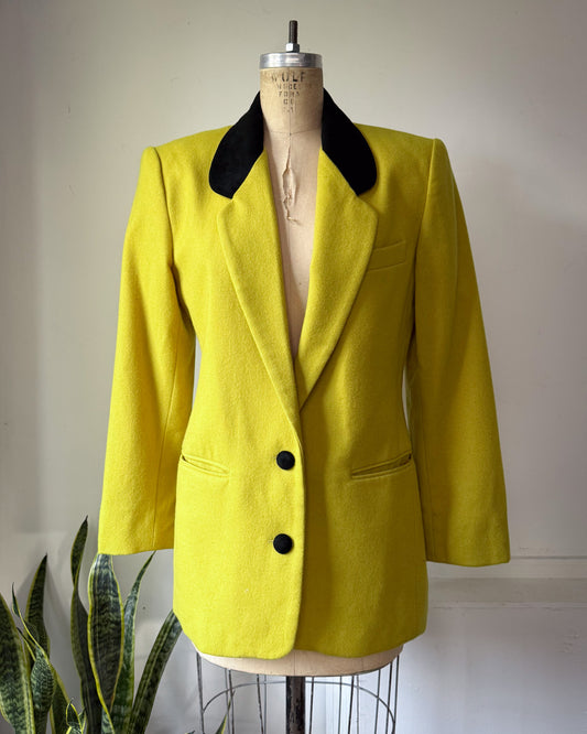 90s Chartreuse Green Wool Black Suede Trim Blazer Jacket / S-M