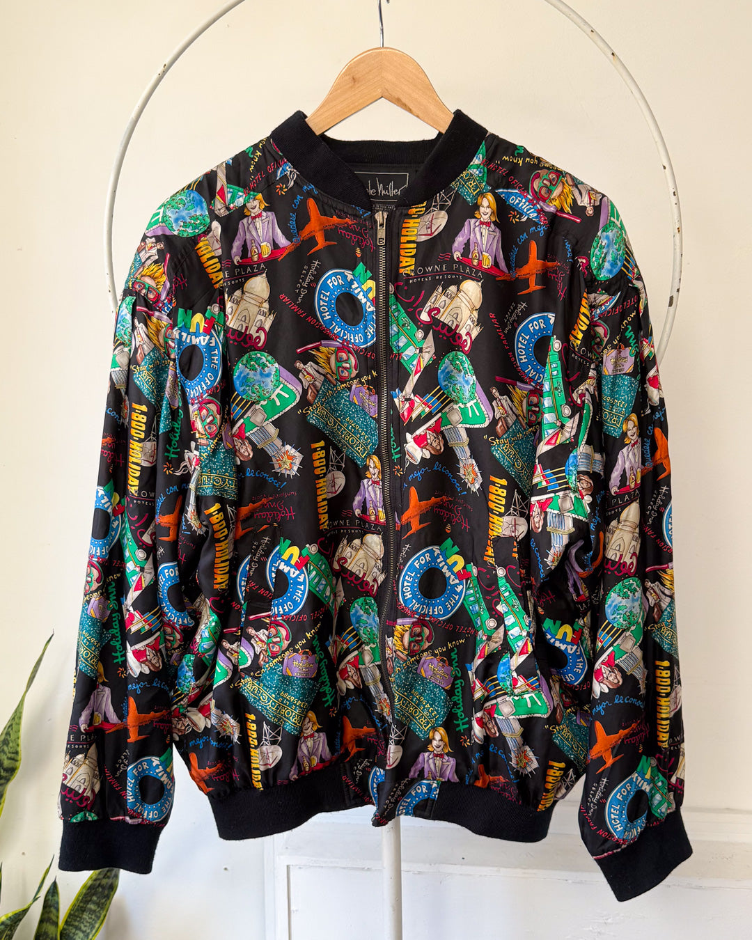 90s Nicole Miller Novelty Travel Print Silk Bomber Jacket / XL