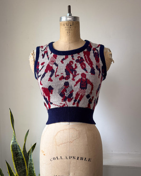 70s Novelty Sports People Crop Knit Vest / S