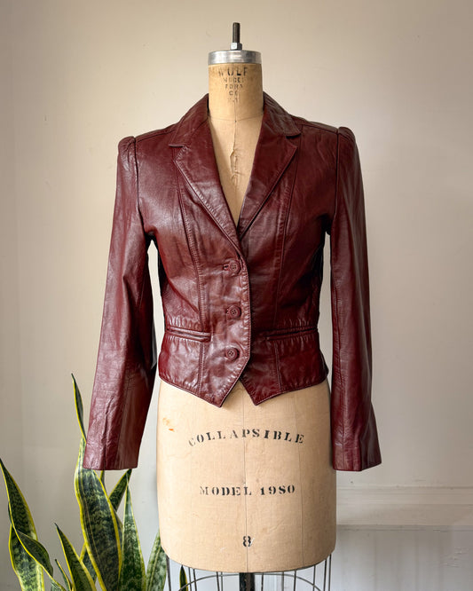 70s Oxblood Red Cropped Leather Jacket / XS-S