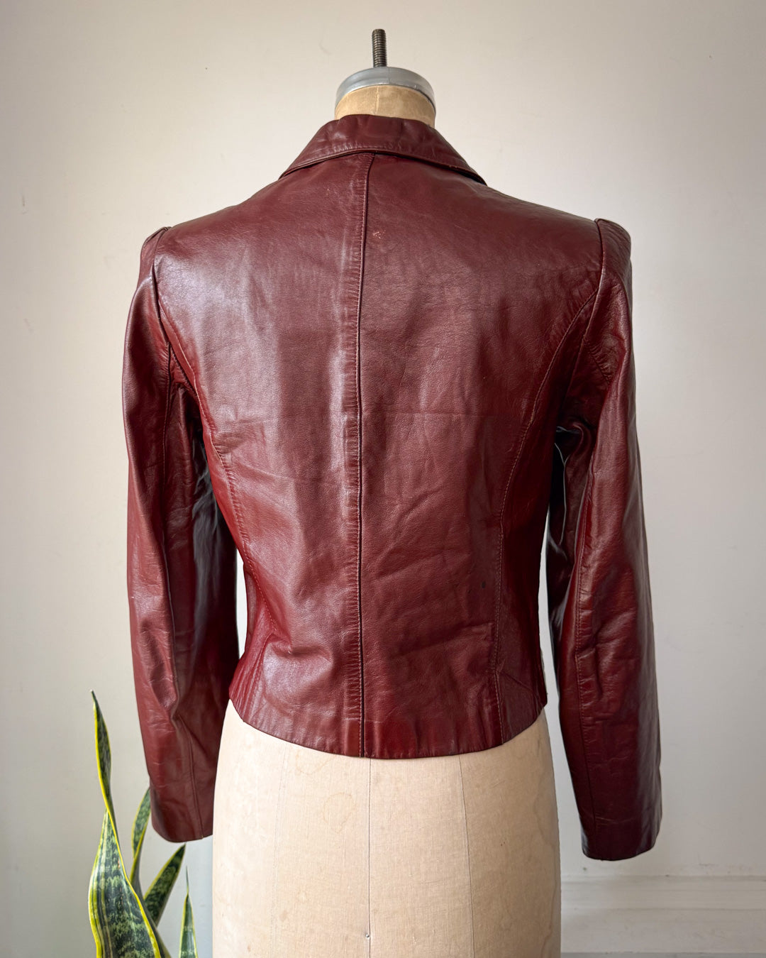 70s Oxblood Red Cropped Leather Jacket / XS-S
