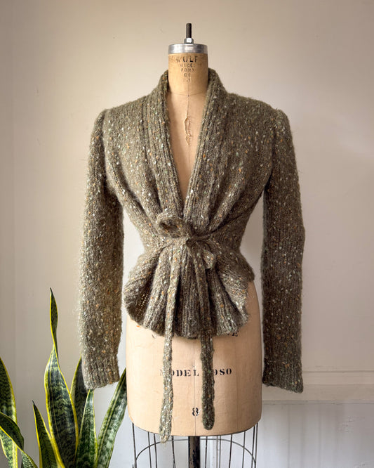 80s Handknit Sage Green Speckle Mohair Tie Front Sweater / S-M