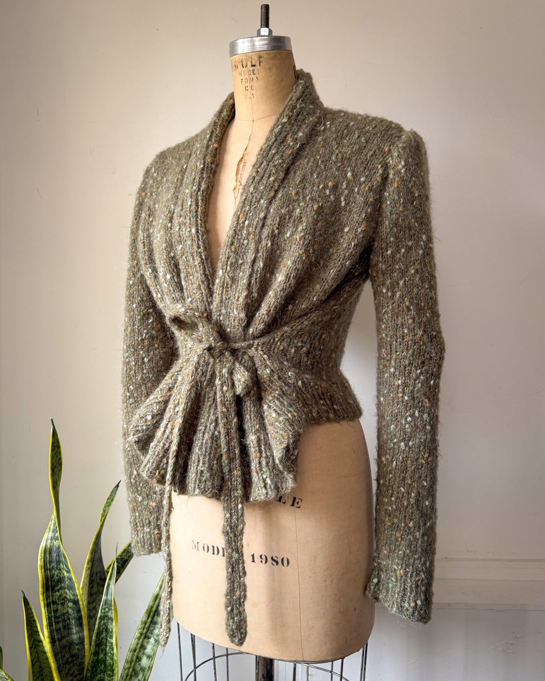 80s Handknit Sage Green Speckle Mohair Tie Front Sweater / S-M