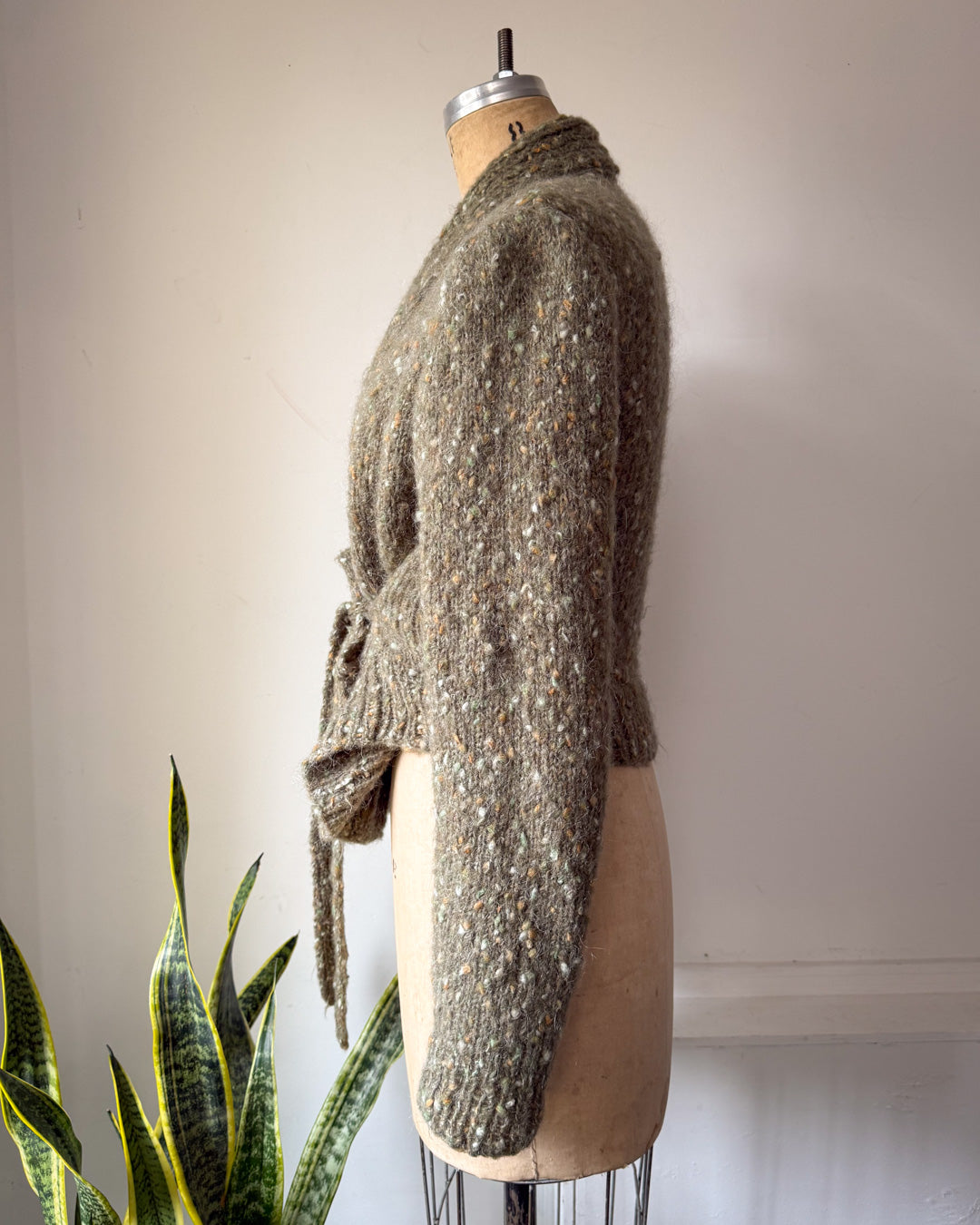 80s Handknit Sage Green Speckle Mohair Tie Front Sweater / S-M