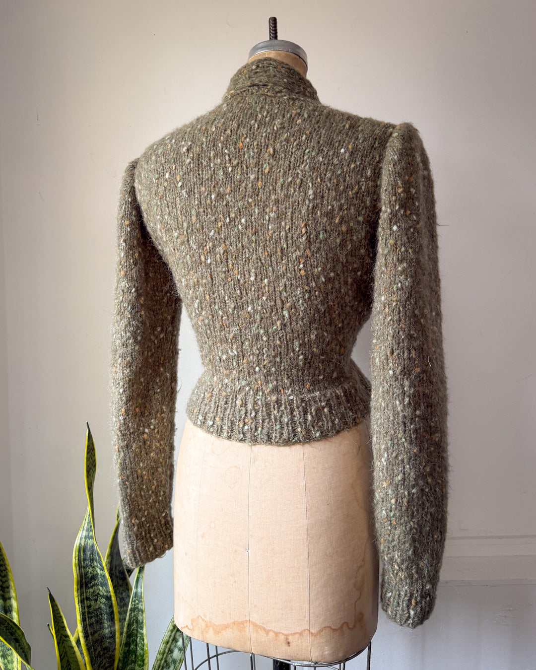 80s Handknit Sage Green Speckle Mohair Tie Front Sweater / S-M