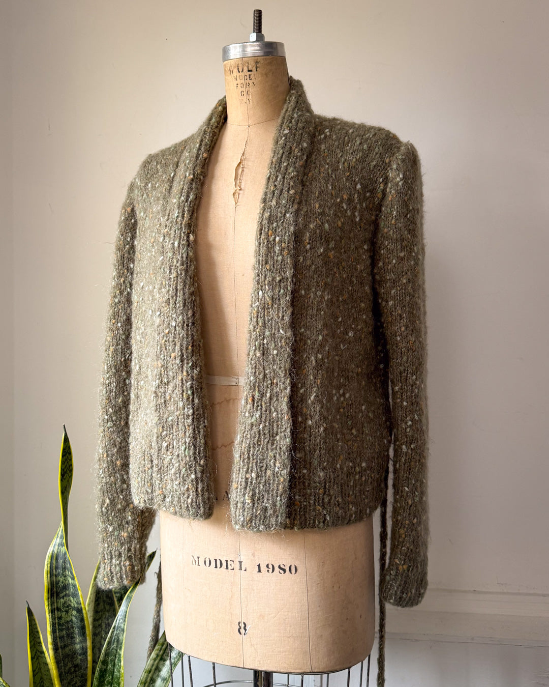 80s Handknit Sage Green Speckle Mohair Tie Front Sweater / S-M