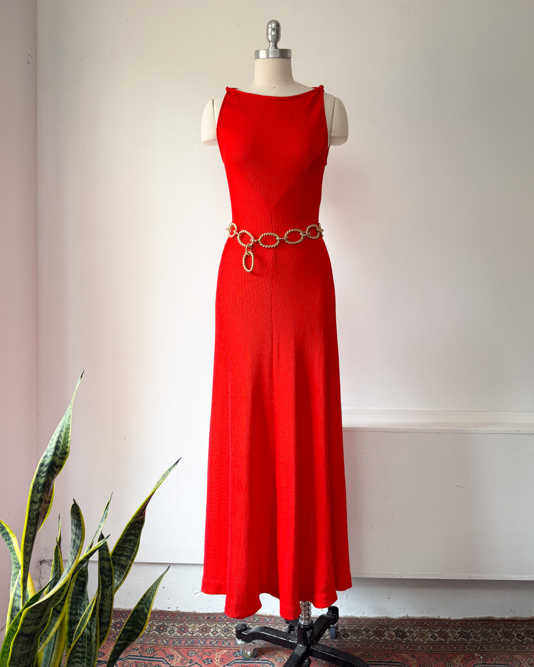 70s Tomato Red Knit Mermaid Gown / XS-M