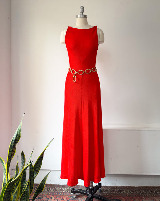 70s Tomato Red Knit Mermaid Gown / XS-M