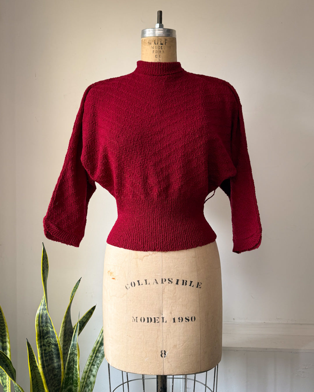 30s Burgundy Wool Boucle Knit Dolman Sleeve Sweater / S-M