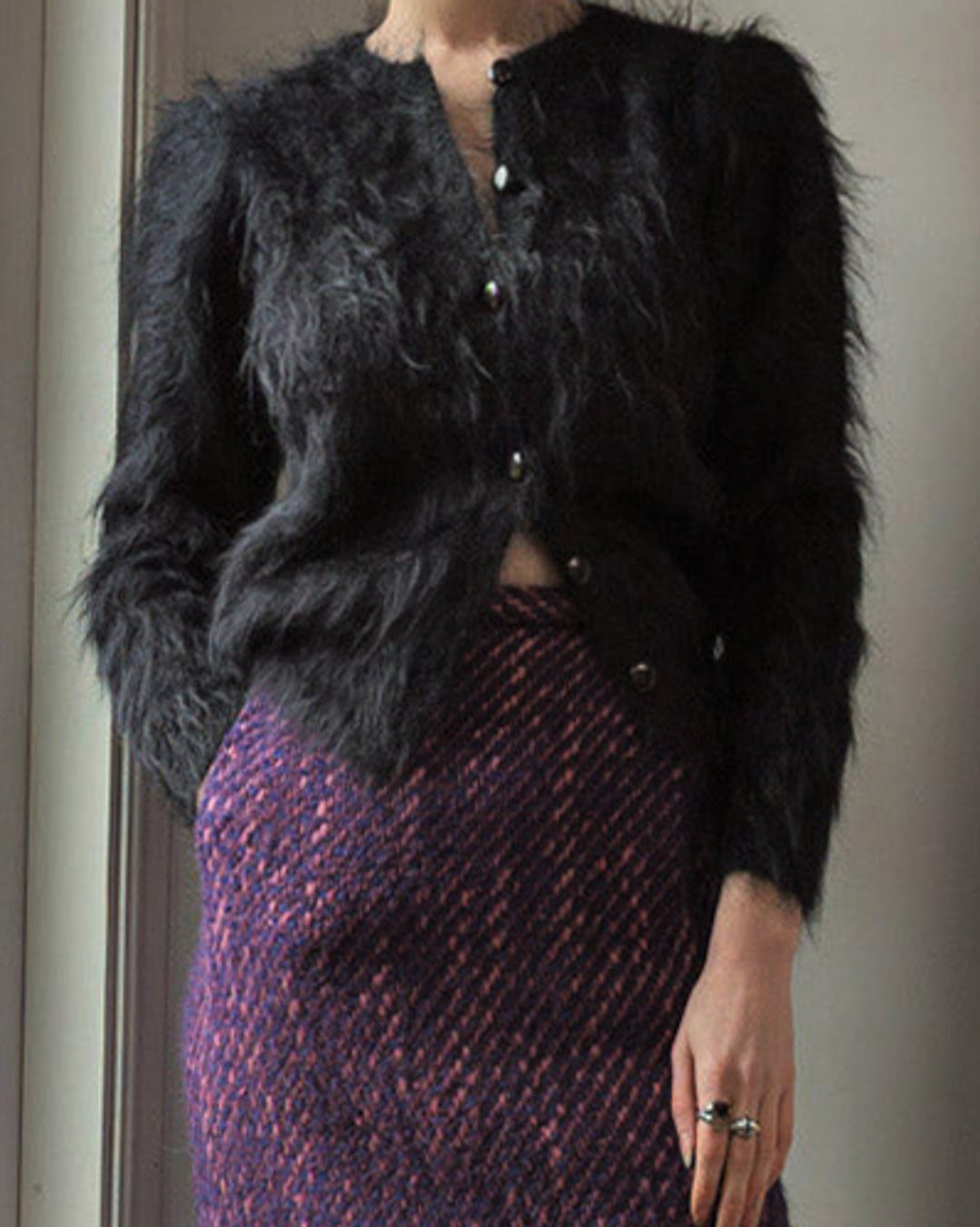 80s Shaggy Black Mohair Puff Sleeve Cardigan Sweater / M