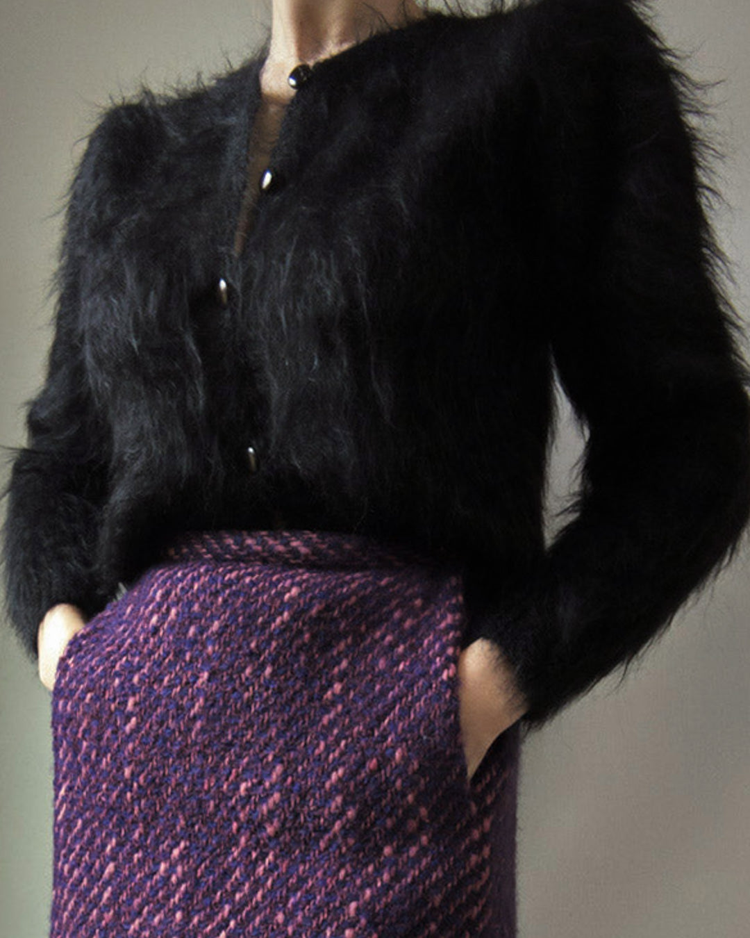 80s Shaggy Black Mohair Puff Sleeve Cardigan Sweater / M