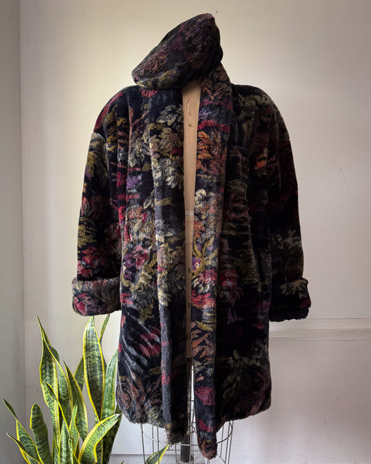 80s Donnybrook Black Dark Colorful Floral Pattern Faux Fur Clutch Coat & Matching Beret