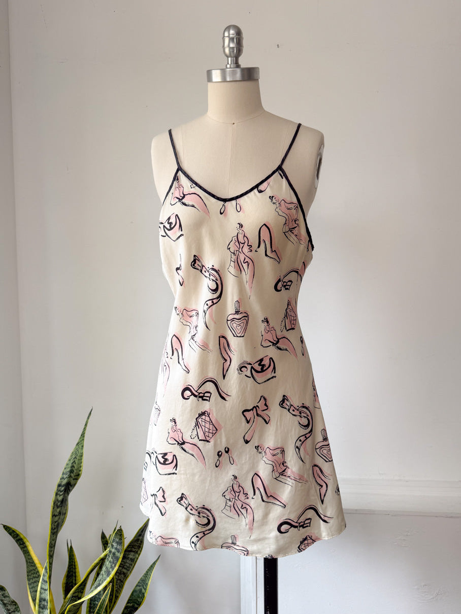 90s Novelty Print Silk Slip Dress / S