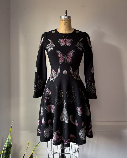 Alexander McQueen Occult Novelty Jacquard Wool Knit Sweater Skater Dress / S-M