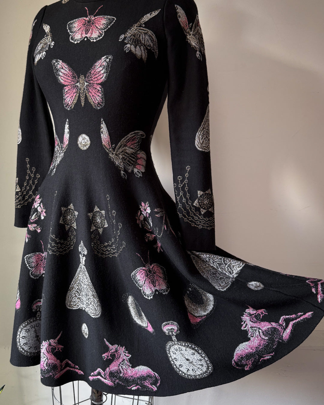 Alexander McQueen Occult Novelty Jacquard Wool Knit Sweater Skater Dress / S-M