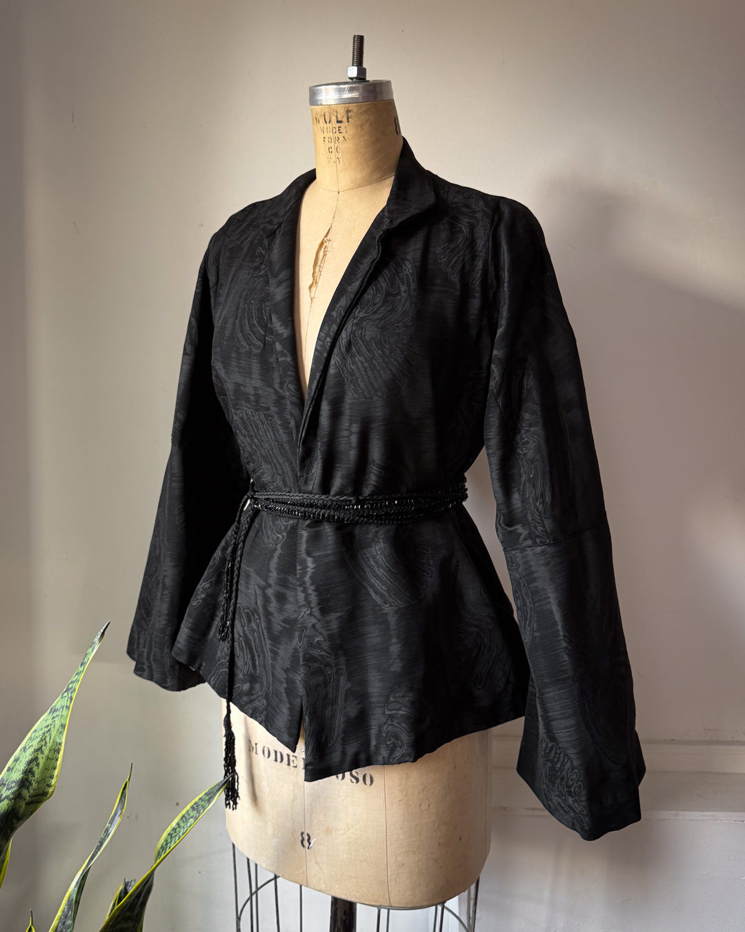 1920s Black Silk Moiré Flare Sleeve Mourning Jacket / S-M
