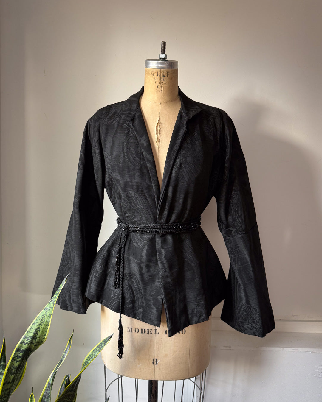 1920s Black Silk Moiré Flare Sleeve Mourning Jacket / S-M