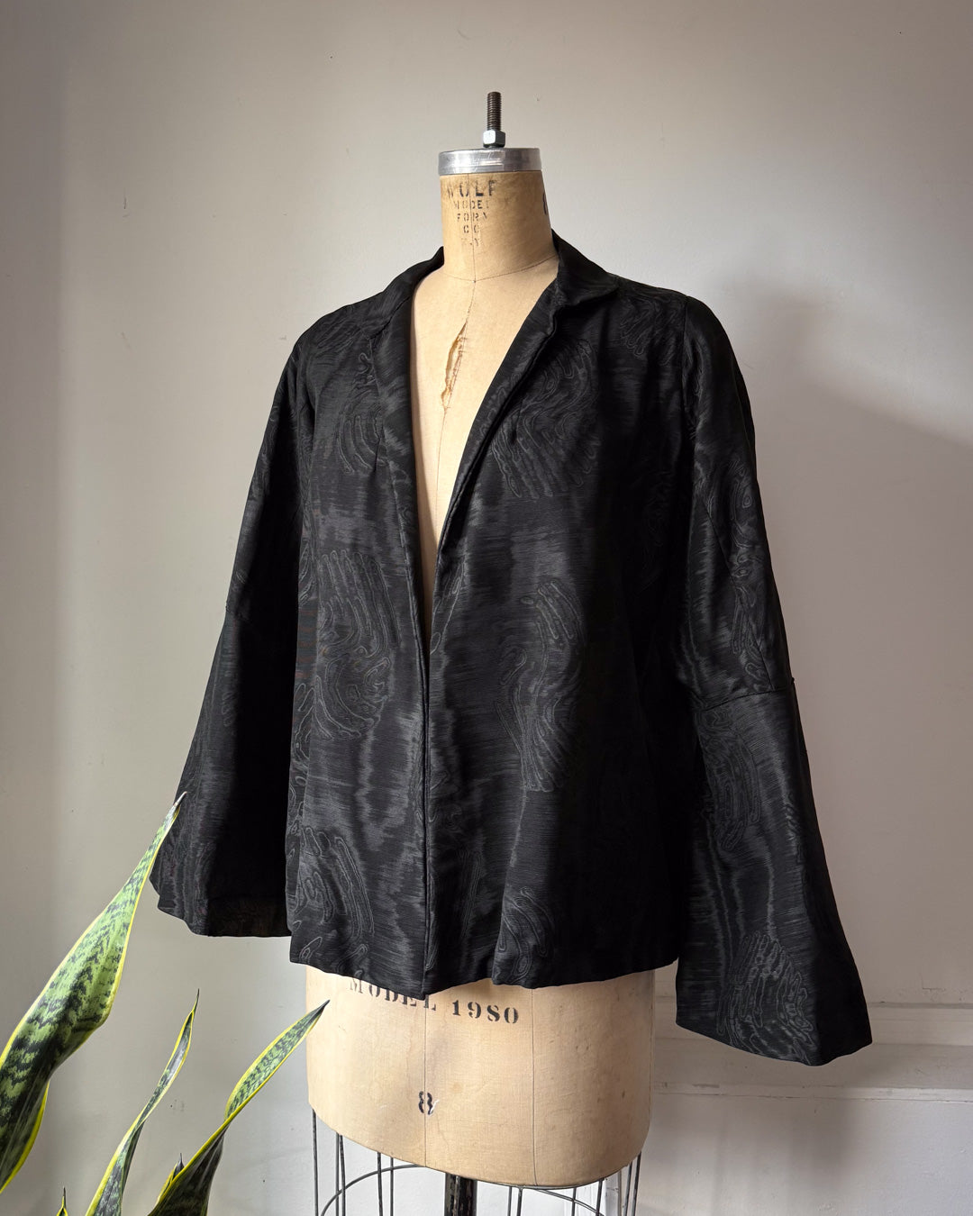 1920s Black Silk Moiré Flare Sleeve Mourning Jacket / S-M