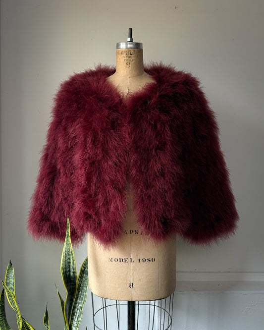 00s Wine Red Fluffy Marabou Feather Jacket / S-L
