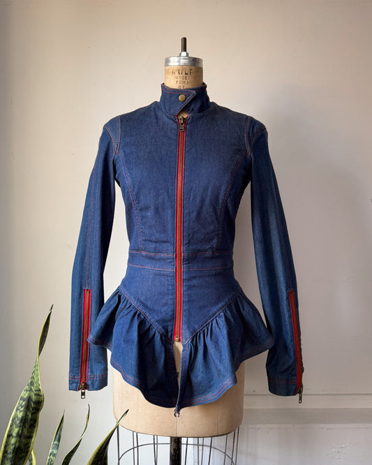 00s Betsey Johnson Blue Denim Ruffled Peplum Contrast Zipper Jacket  / S