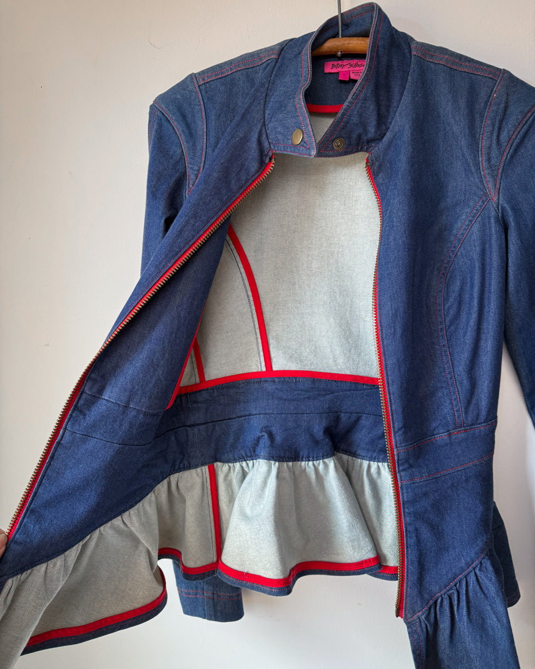 00s Betsey Johnson Blue Denim Ruffled Peplum Contrast Zipper Jacket  / S