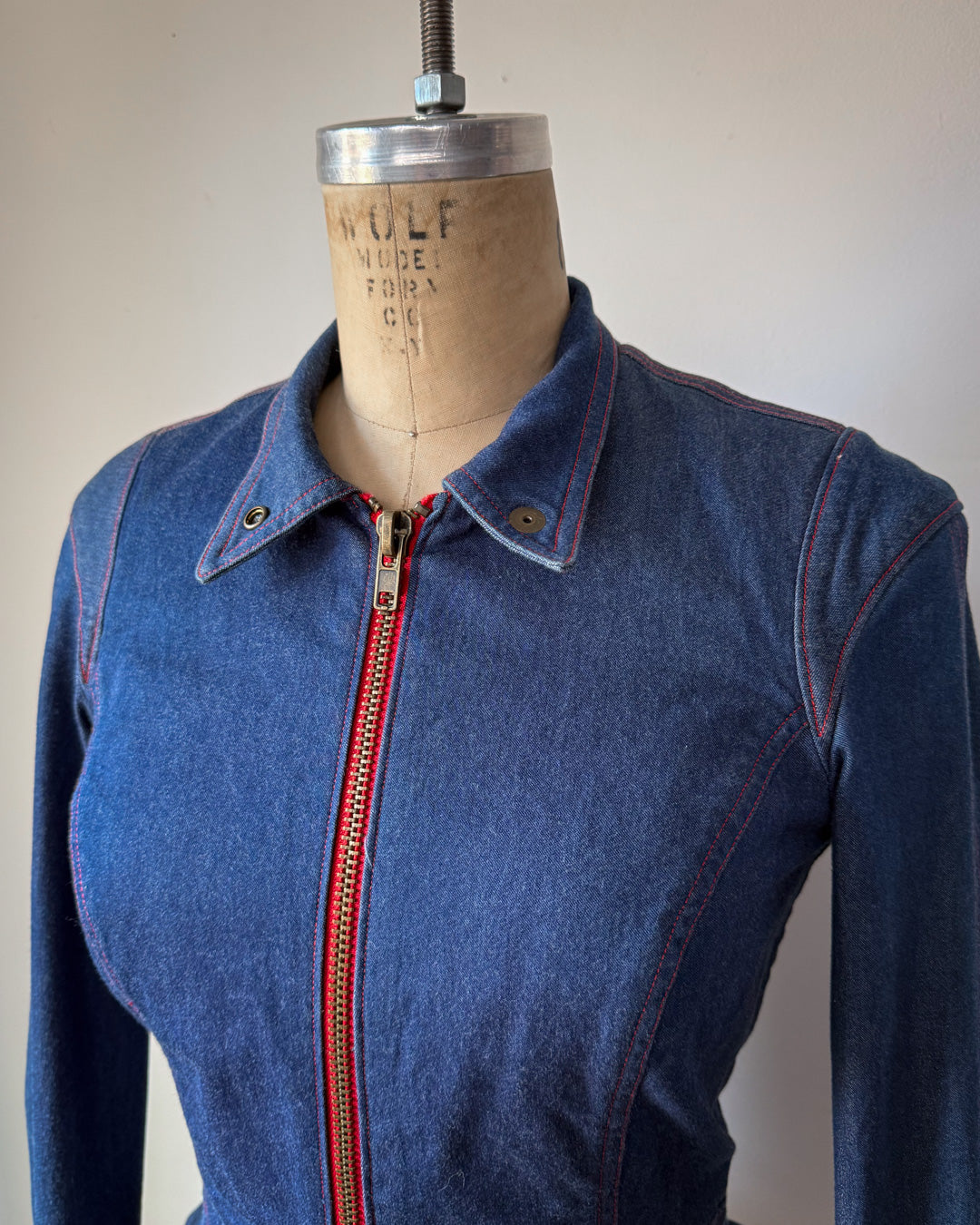 00s Betsey Johnson Blue Denim Ruffled Peplum Contrast Zipper Jacket  / S