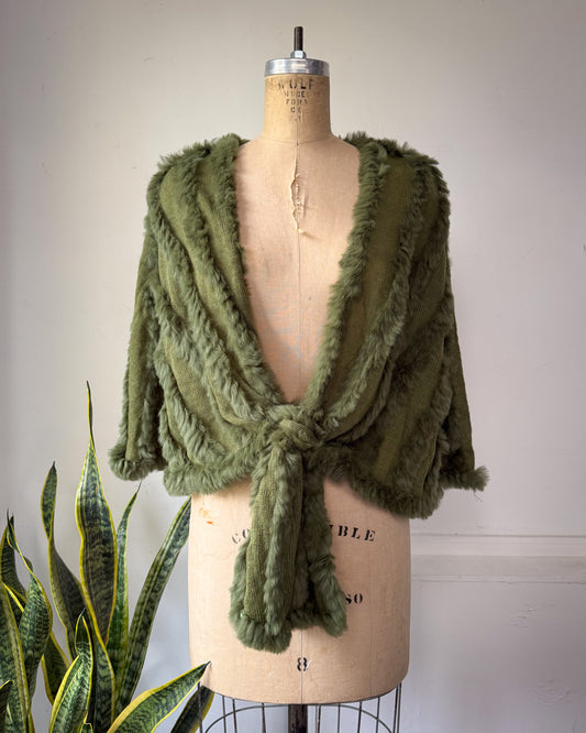 Y2K Green Fuzzy Rabbit Fur Stripe Wool Knit Tie Shawl